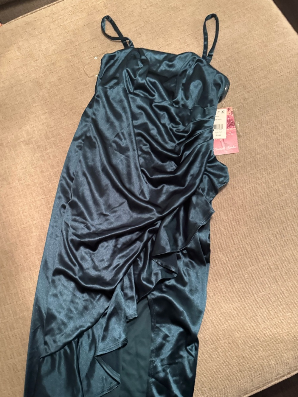 Satin Ruched Teal Spaghetti-Strap Dress